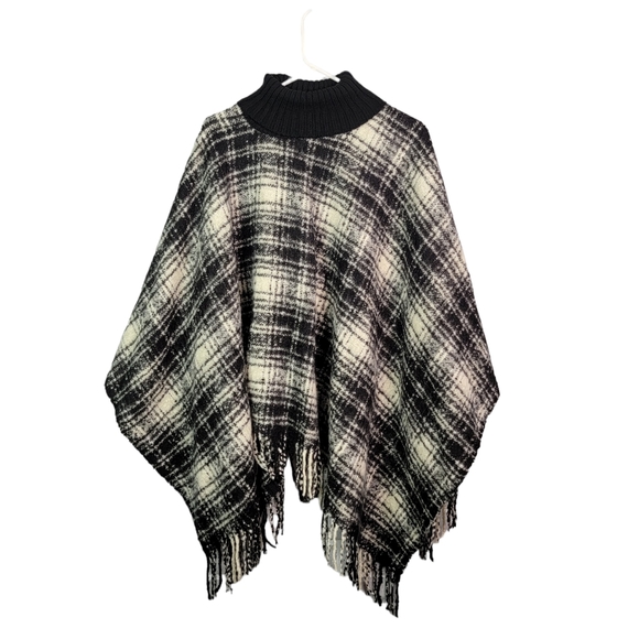 Lauren Ralph Lauren Plaid Black White 3 Season Pancho Pullover Cape One Size - Picture 4 of 10